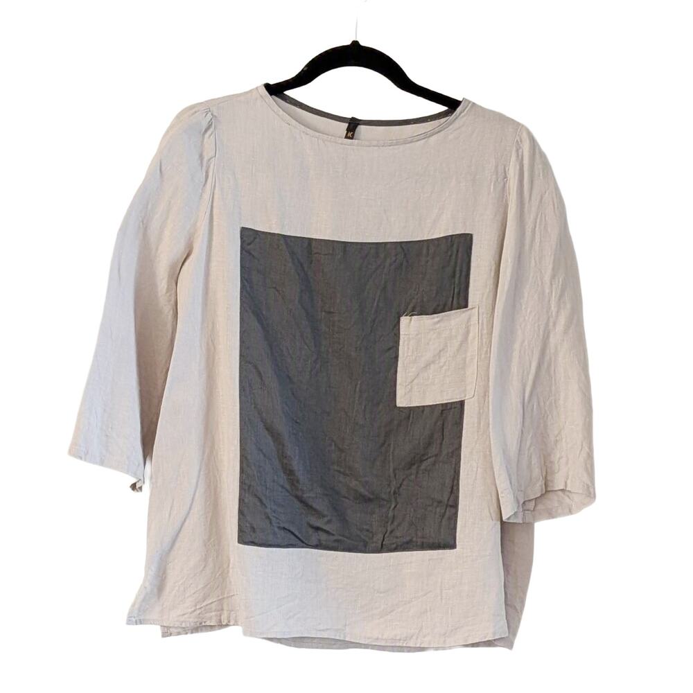 IC by Connie K Linen Art To Wear Top Tunic M Gray Color Block Made USA Lagenlook